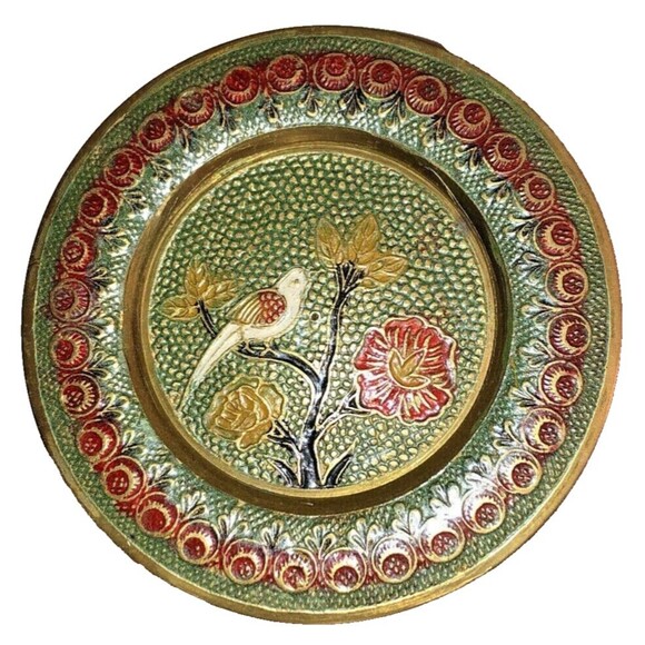 Brass Enamel Cloisonne Style Plate with Bird & Floral Design Vintage 5 inch - Picture 1 of 6